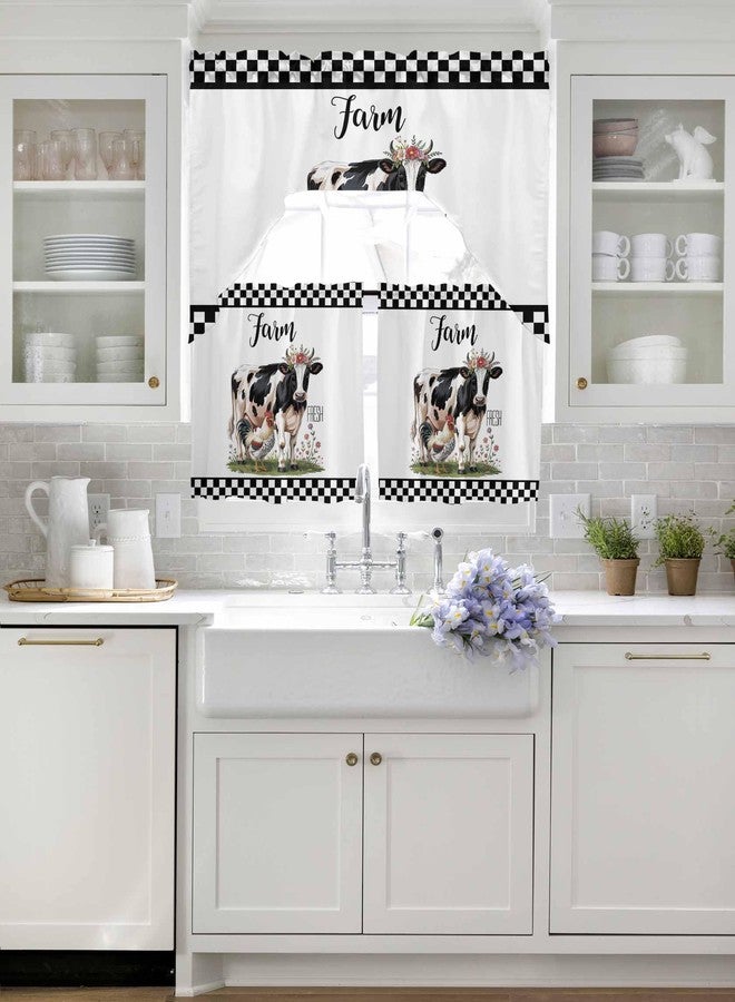 Jolunifun Cow Rooster Swag Kitchen Curtain Sets with Valance,3 Pieces Rod Pocket Curtain Drapes for Bedroom Living Room Bathroom Cafe Windows,Farm Black White Checkered Wildflower 56''x36''&24''x27.5''x2Panels - Image 4